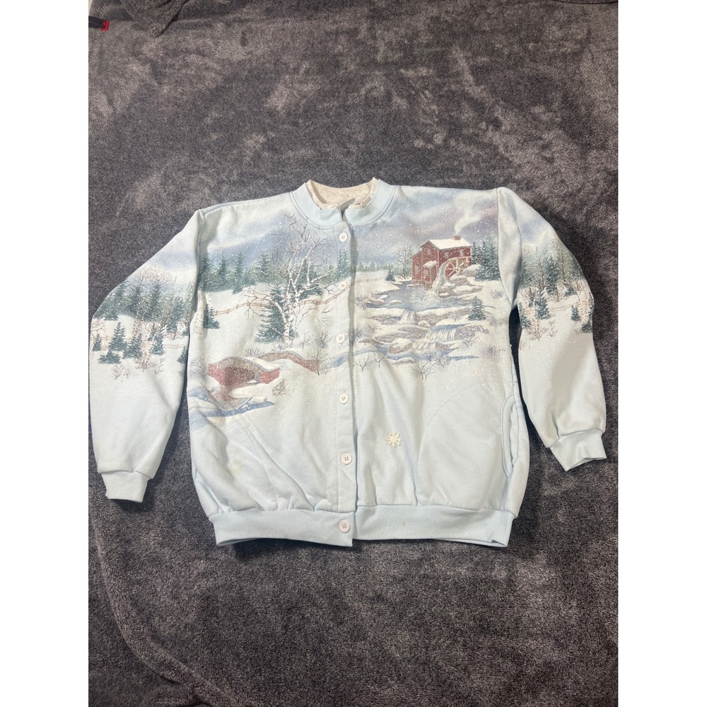 Vintage Artisans Sunschein Designs Winter Mill Glitter Button Front Sweatshirt
